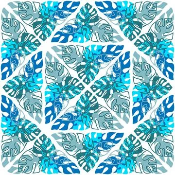 Tropical jungle seamless pattern monstera palm leaf, blue white color, illust Stock Illustration