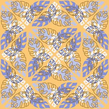 Tropical jungle seamless pattern monstera palm leaf, yellow purple color, ill Stock Illustration