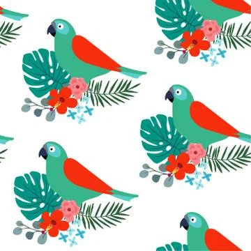 Tropical jungle seamless pattern with parrot bird, palm leaves and hibiscus f Stock-Illustration