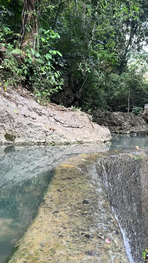 Tropical Jungle Stream Cascading Over Rock Formation, Lush Forest, Vertical Shot Stock Footage 324272122