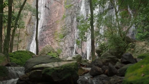 Tropical Jungle Waterfall Flowing Down Granite Cliff. Koh Samui. Thailand. Stock-Footage 341652262