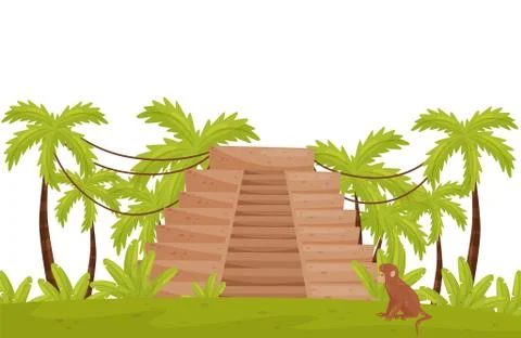 Tropical landscape with ancient pyramid, monkey and palm trees. Wild jungles Stockillustratie