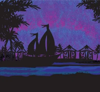 Tropical landscape at night Stock Illustration