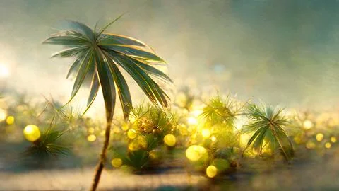 Tropical landscape with palm trees over glowing sun against sky, abstract bac Stock Illustration
