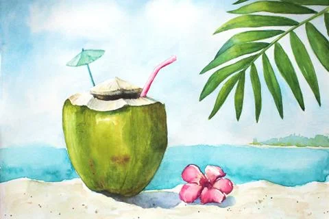 Tropical landscape with sand, ocean, coconut and palm leaf Stock Illustration