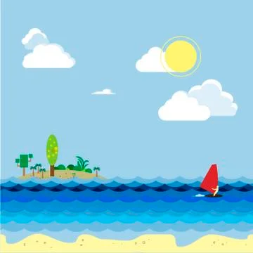 Tropical landscape with windsurfer Stock Illustration