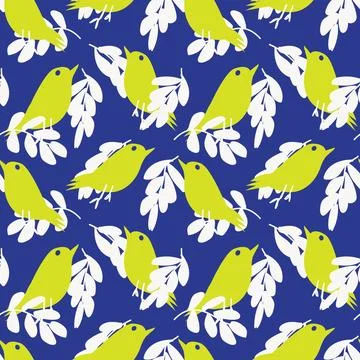 Tropical Leaf and sparrows Seamless Pattern Design Stock Illustration