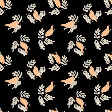 Tropical Leaf and sparrows Seamless Pattern Design Stock Illustration