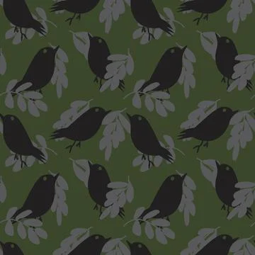 Tropical Leaf and sparrows Seamless Pattern Design Stock Illustration