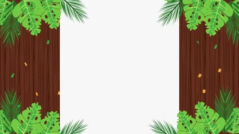 Tropical leaf border frame with falling confetti on wooden background anima.. Stock Footage 338421273