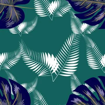 Tropical leaf design featuring navy Palm and blue Monstera plant leaves on a  库存插图