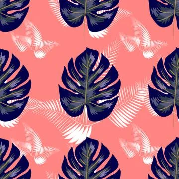 Tropical leaf design featuring navy Palm and blue Monstera plant leaves on a  Illustrazione stock