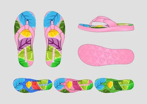 Tropical Leaf Flip-Flop Sandals Multi-View Illustration with Vibrant Color Style Ilustração Stock