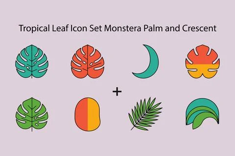 Tropical Leaf Icon Set Monstera Palm and Crescent Иллюстрация