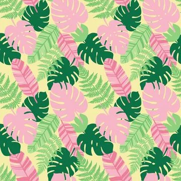 Tropical Leaf Pattern Background with Pink Green and Yellow Hues. Illustrazione stock