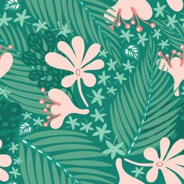 Tropical leaf pattern design,Vector seamless repeat of summer palms and flowers. Stock Illustration