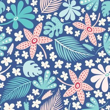 Tropical leaf pattern design,Vector seamless repeat of summer palms and flowers. Stock Illustration