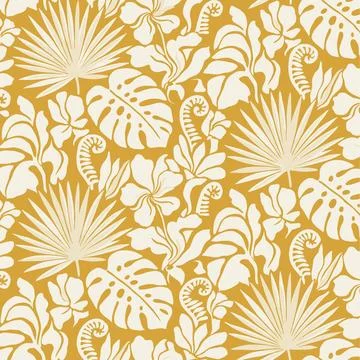 Tropical Leaf Pattern in Golden Yellow and White Seamless Design. Stock Illustration