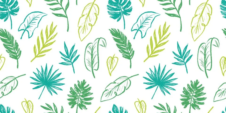 Tropical leaf seamless pattern background. Hand drawn crayon brush abstract Stock Illustration