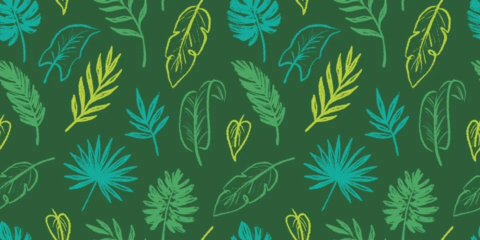 Tropical leaf seamless pattern background. Hand drawn crayon brush abstract Illustrazione stock