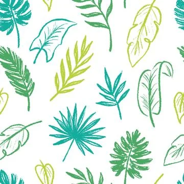 Tropical leaf seamless pattern background. Hand drawn crayon brush abstract Stock Illustration