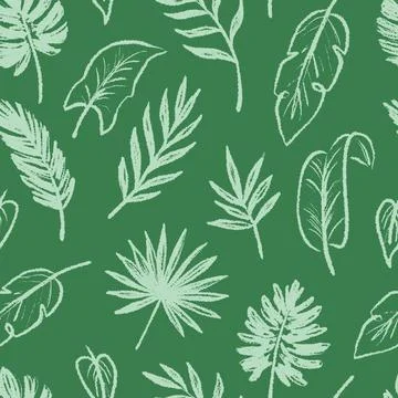 Tropical leaf seamless pattern background. Hand drawn crayon brush abstract Illustrazione stock
