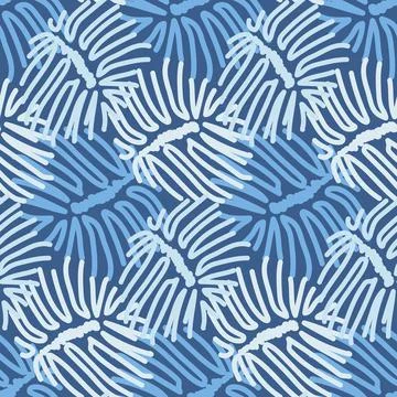 Tropical leaf seamless pattern, blue monochrome color, illustration Stock Illustration