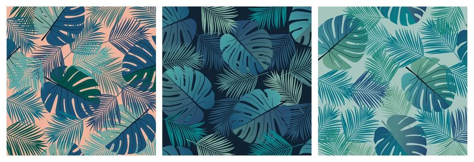 Tropical leaf seamless pattern cards, banner templates. Stock Illustration