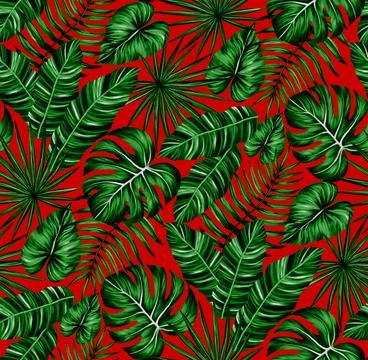 Tropical leaf seamless pattern. Colorful vivid print with beautiful palm jungle Stock Illustration