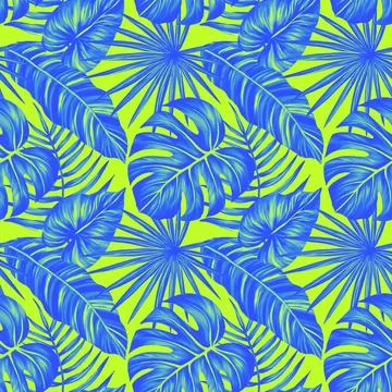 Tropical leaf seamless pattern. Colorful vivid print with beautiful palm jungle Stock Illustration