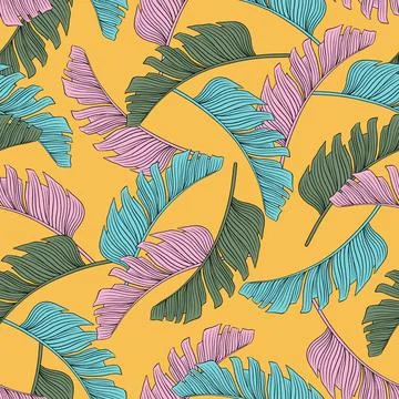 Tropical leaf seamless pattern. Colorful vivid print with beautiful palm jungle Stock Illustration