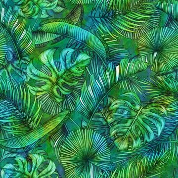 Tropical leaf seamless pattern. Colorful vivid print with beautiful palm jungle Stock Illustration