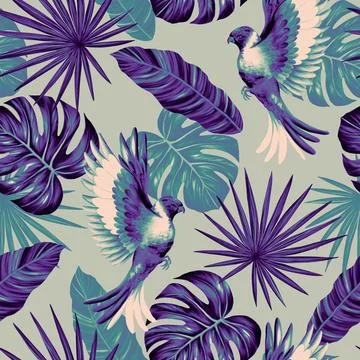 Tropical leaf seamless pattern. Colorful vivid print with beautiful palm jungle Stock Illustration