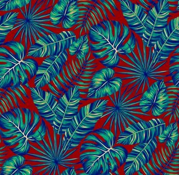 Tropical leaf seamless pattern. Colorful vivid print with beautiful palm jungle Stock Illustration