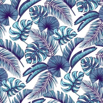 Tropical leaf seamless pattern. Colorful vivid print with beautiful palm jungle Stock Illustration