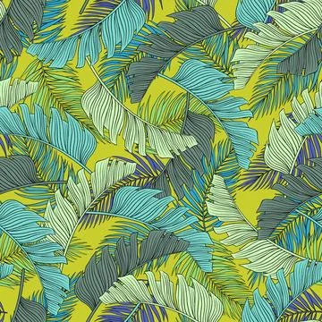 Tropical leaf seamless pattern. Colorful vivid print with beautiful palm jungle Illustrazione stock