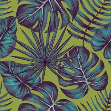 Tropical leaf seamless pattern. Colorful vivid print with beautiful palm jungle Stock Illustration