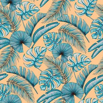 Tropical leaf seamless pattern. Colorful vivid print with beautiful palm jungle Stock Illustration