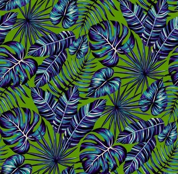 Tropical leaf seamless pattern. Colorful vivid print with beautiful palm jungle Stock Illustration