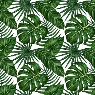 Tropical leaf seamless pattern. Colorful vivid print with beautiful palm jungle Stock Illustration