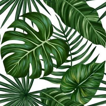 Tropical leaf seamless pattern. Colorful vivid print with beautiful palm jungle Stock Illustration