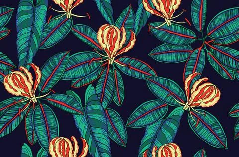 Tropical leaves and flowers Stock Illustration