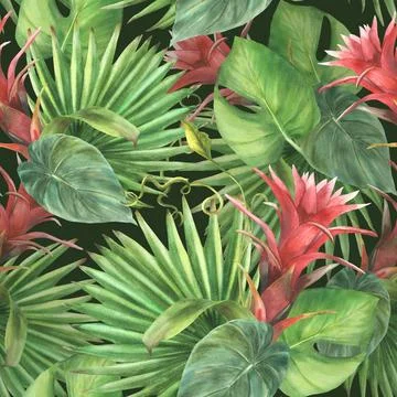 Tropical leaves, flowers seamless pattern. Red bud, green palm leaf. Watercolor Stock Illustration