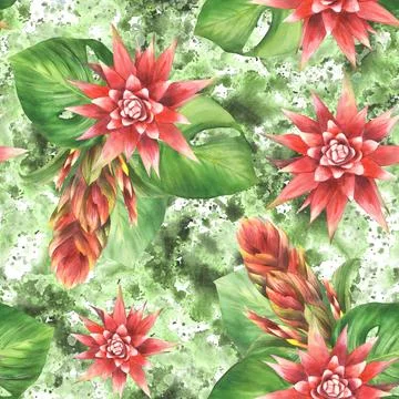 Tropical leaves, flowers seamless pattern. Bromeliad red bud, leaf. Watercolor Stock Illustration