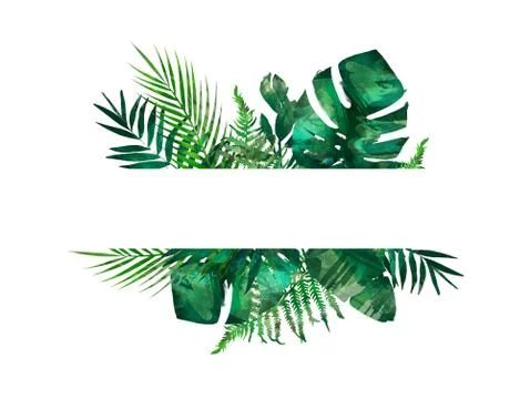 Tropical leaves frame. Circle frame. Watercolor illustration on white. Colorf Stock Illustration