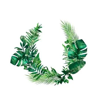 Tropical leaves frame. Circle frame. Watercolor illustration on white. Colorf Stock Illustration