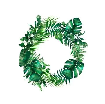 Tropical leaves frame. Circle frame. Watercolor illustration on white. Colorf Stock Illustration
