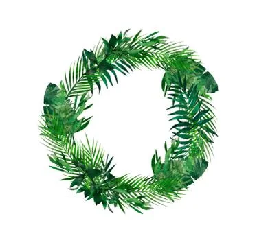Tropical leaves frame. Circle frame. Watercolor illustration on white. Colorf Stock Illustration