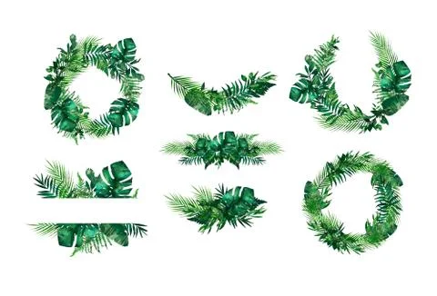 Tropical leaves frame. Circle frame. Watercolor illustration on white. Colorf Stock Illustration