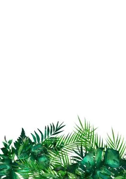 Tropical leaves frame. Circle frame. Watercolor illustration on white. Colorful Stock Illustration